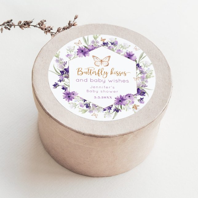 Wildflowers purple Butterfly kisses baby shower Classic Round Sticker (Creator Uploaded)