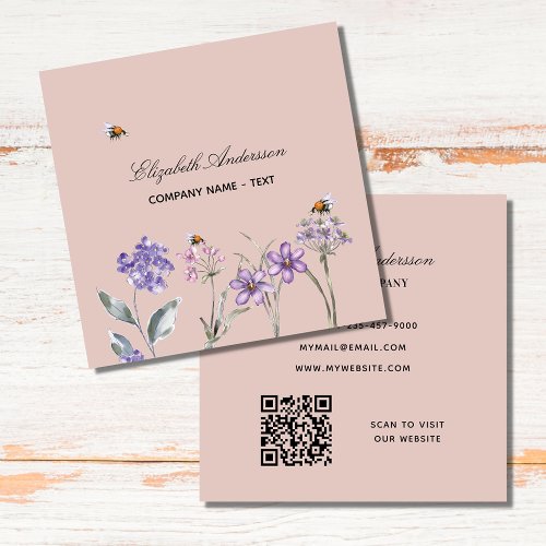 Wildflowers purple dusty earth QR code Square Business Card