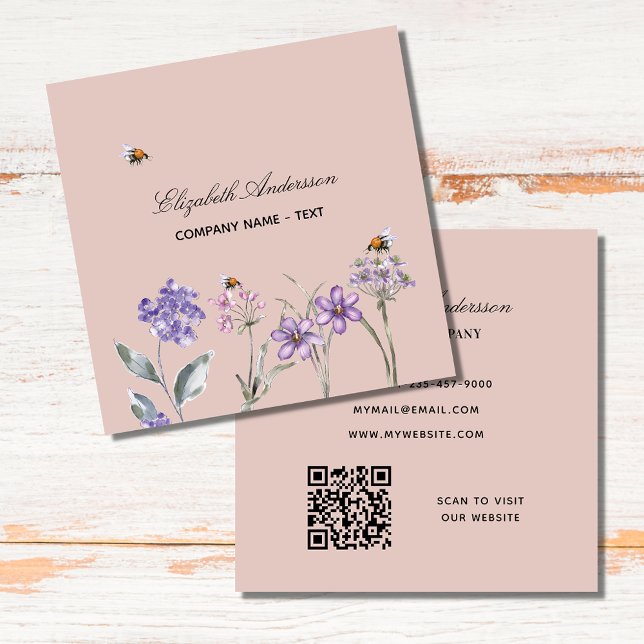 Wildflowers purple dusty earth QR code Square Business Card (Creator Uploaded)