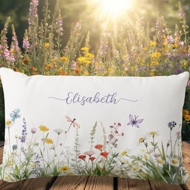 Wildflowers Purple Lilac Script Name Lumbar Pillow (Wildflowers Purple Lilac Script Name Lumbar Pillow)