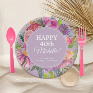 Wildflowers Purple Pink 40th Birthday Paper Plates