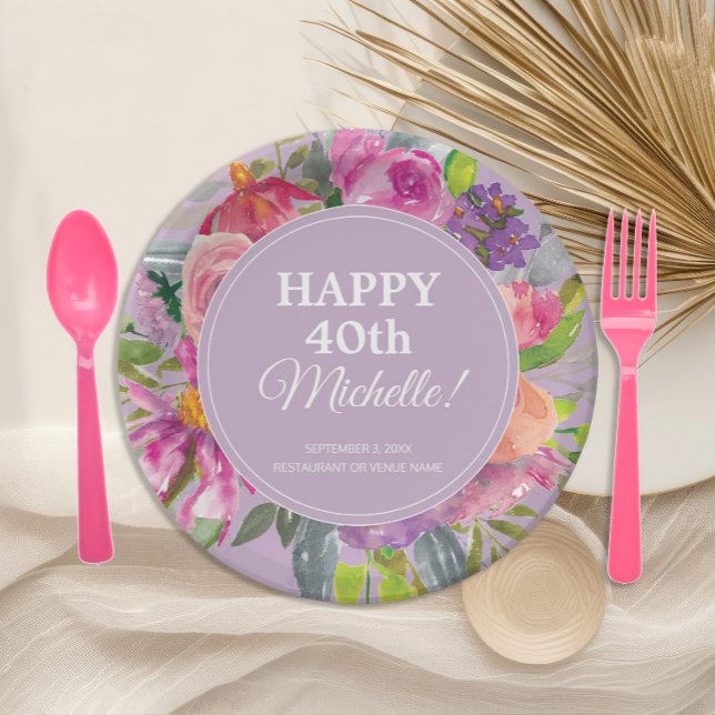 Wildflowers Purple Pink 40th Birthday Paper Plates (Elegant pink and purple watercolor floral 40th birthday party paper plates)