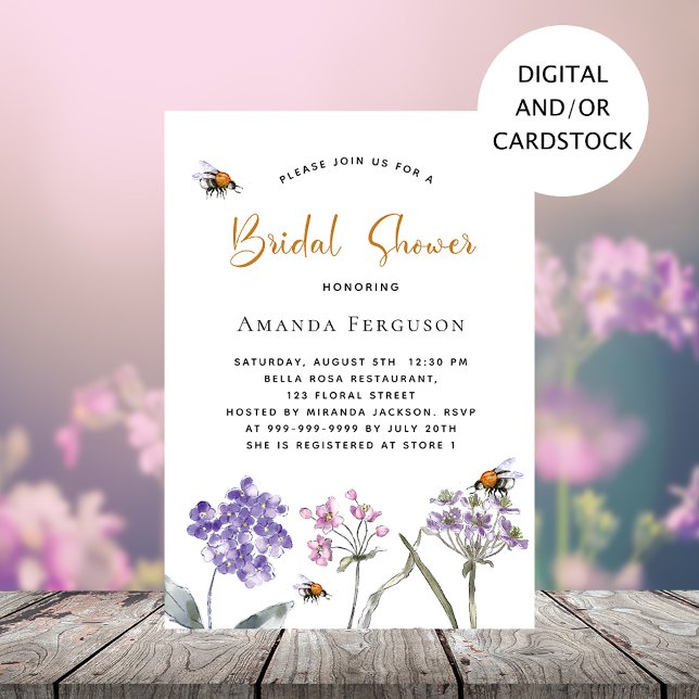 Wildflowers purple pink bee Bridal shower Invitation (Creator Uploaded)
