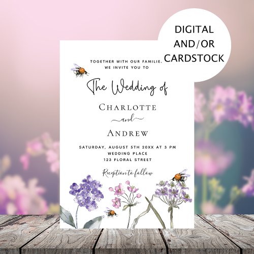 Wildflowers purple pink bee wedding invitation