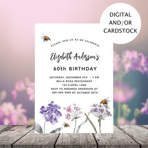 Wildflowers purple pink birthday invitation