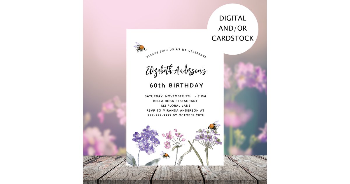 Wildflowers purple pink birthday invitation | Zazzle