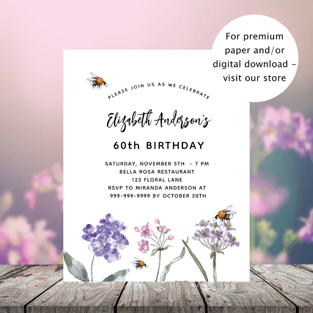 Wildflowers purple pink budget birthday invitation | Zazzle
