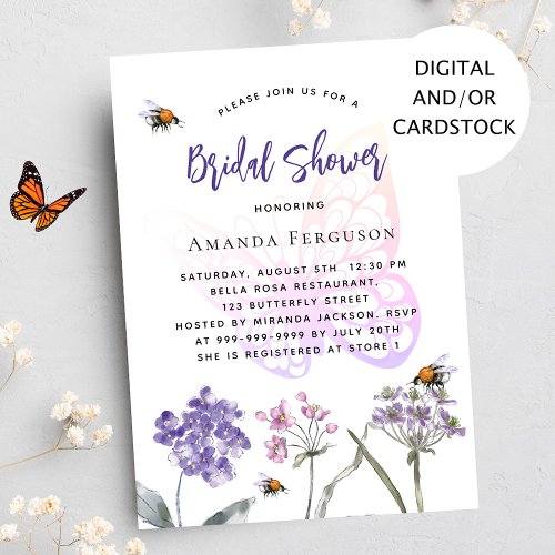 Wildflowers purple pink butterfly bridal shower invitation