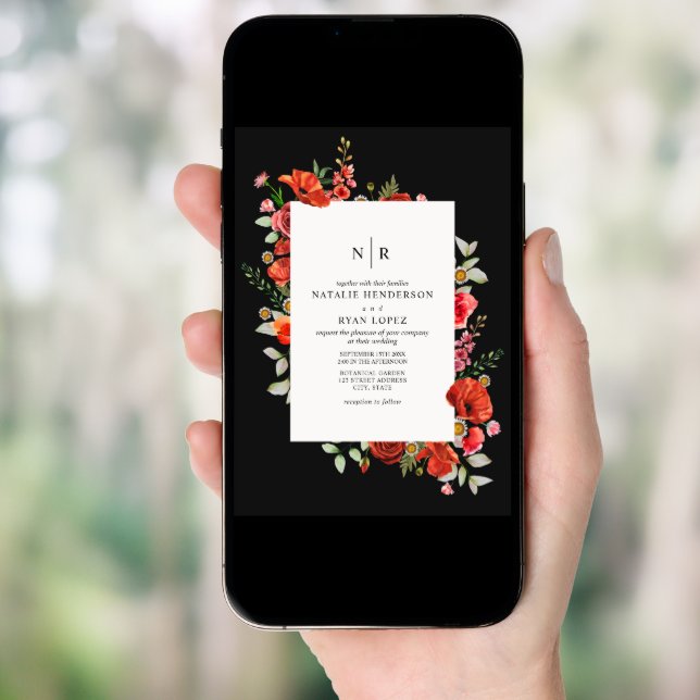 Wildflowers Red Poppy Floral Dark Wedding Invitation (Front Digital)