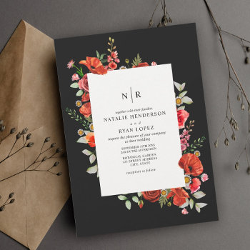 Wildflowers Red Poppy Floral Dark Wedding Invitation by JillsPaperie at Zazzle