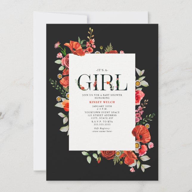 Wildflowers Red Poppy Floral Girl Baby Shower  Invitation (Front)