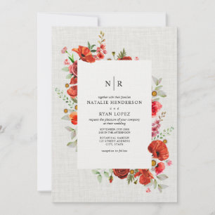 Wildflowers Red Poppy Floral Linen Wedding Invitation