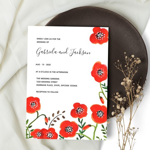 Wildflowers Red Poppy Floral modern wedding Invitation