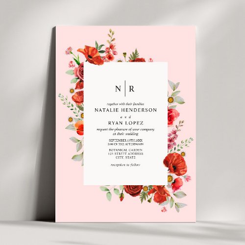 Wildflowers Red Poppy Floral Pink Wedding Invitation