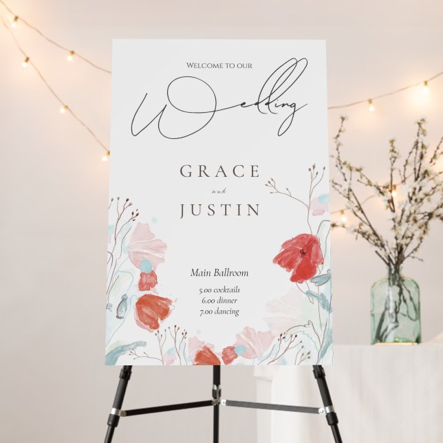 Wildflowers Red Poppy Wedding Welcome Sign Board (In Situ (Stand))
