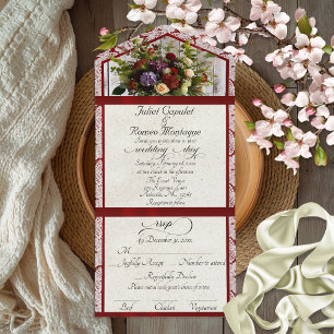 Wildflowers, Red Ribbon & Lace Wedding All In One Invitation