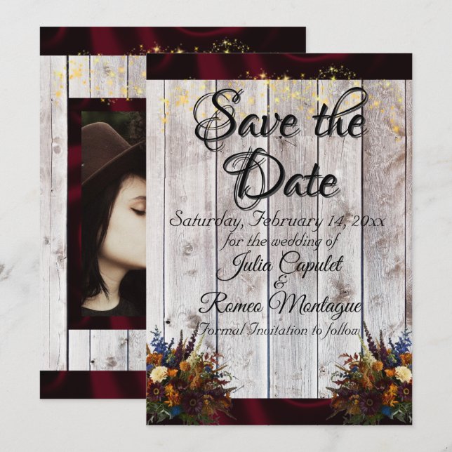 Wildflowers, Ribbon & Lights - Burgundy Save The Date (Front/Back)