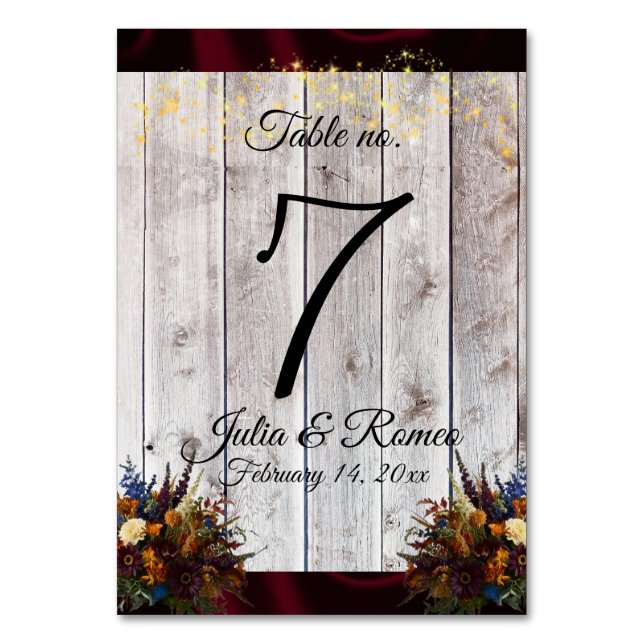 Wildflowers, Ribbon & Lights - Burgundy Table Number (Front)