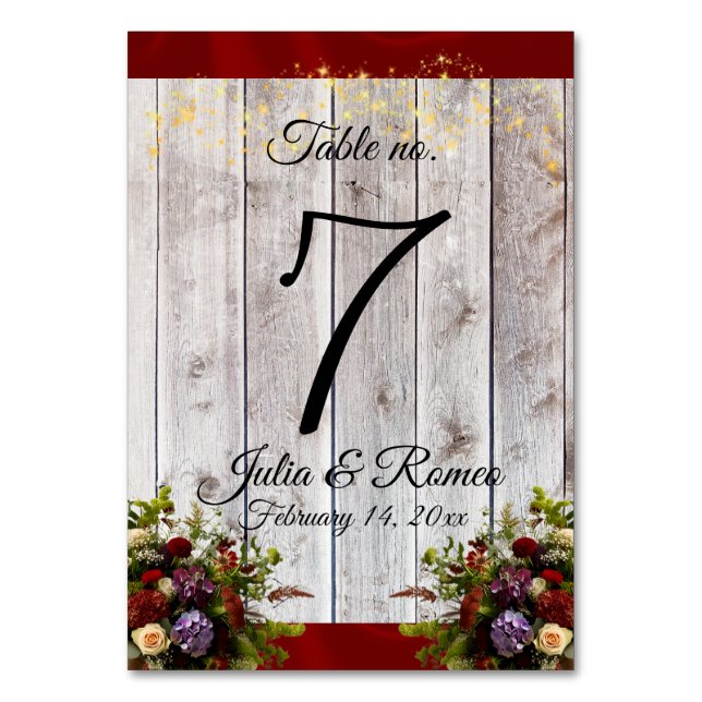 Wildflowers, Ribbon & Lights - Red Table Number (Front)