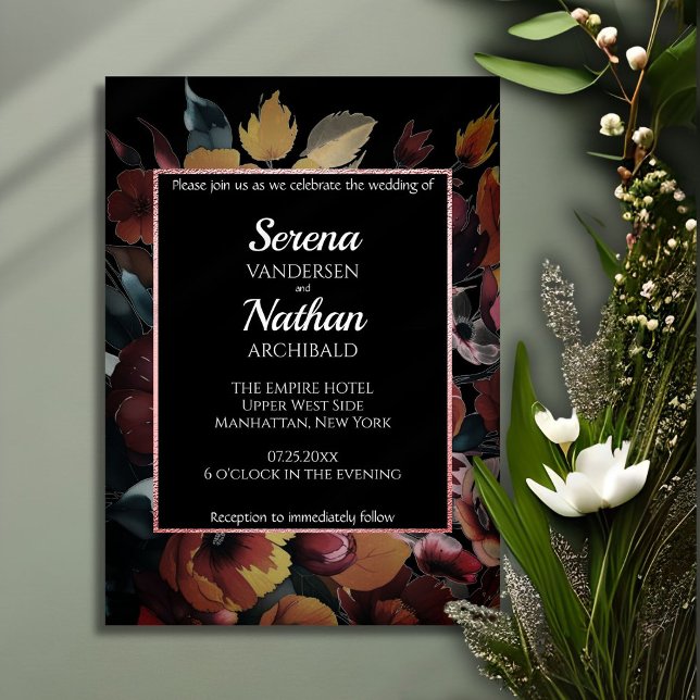 Wildflowers Rose Gold Classic Wedding Invitation (Modern floral wedding invitation featuring a rose gold shiny border with plum floral colors on black)