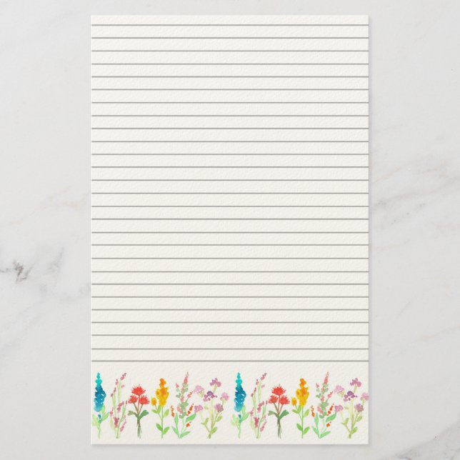 Wildflowers Row Watercolor Lined Letter Writing Stationery (Front)
