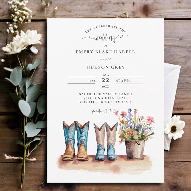 Wildflowers Rustic Boots Floral Rustic Wedding Invitation (country wedding invitation rustic western barn chic modern watercolor cowboy boots wildflowers)
