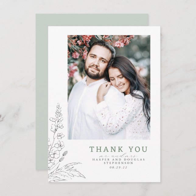Wildflowers Sage Elegant Wedding Thank You Photo (Front/Back)