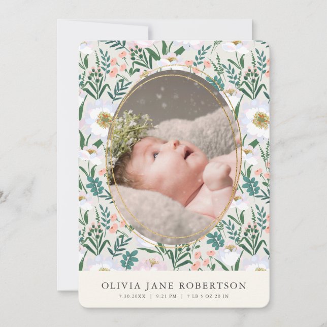 Wildflowers Sage Girl Photo Birth Announcement (Front)