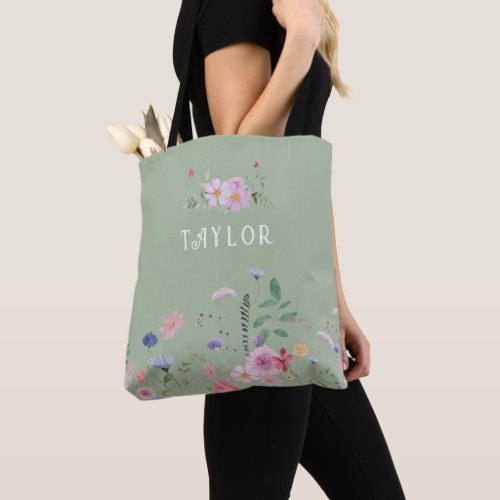 wildflowers sage green background tote bag