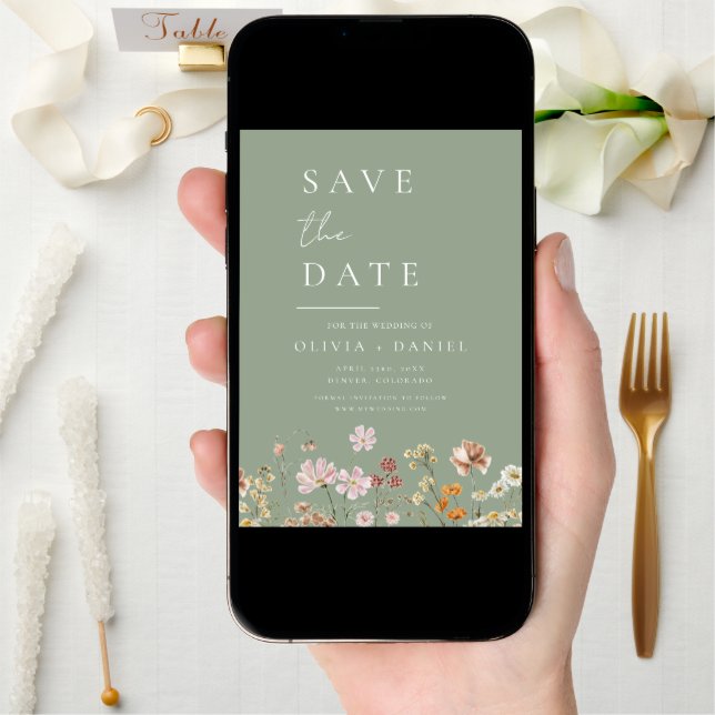 Wildflowers Sage Green Photo QR Code Save the Date (Front Digital)