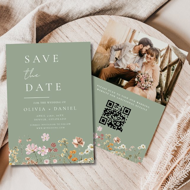 Wildflowers Sage Green Photo QR Code Save the Date (Creator Uploaded)