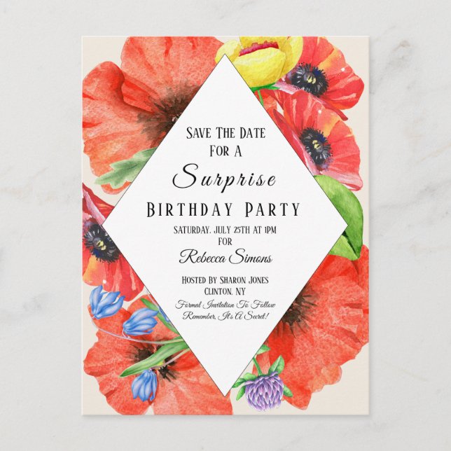 Wildflowers Save The Date Surprise Birthday Party Announcement Postcard (Front)