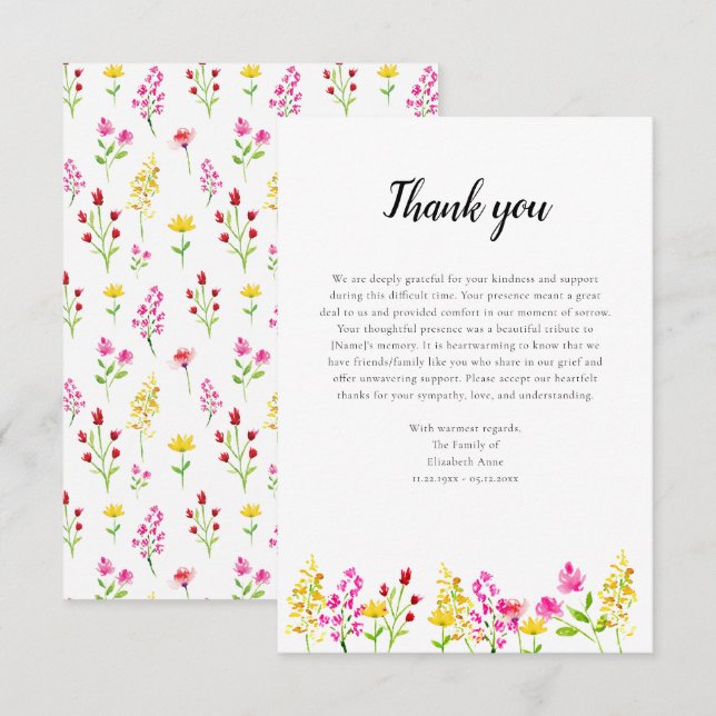 Wildflowers Script Funeral Thank you Watercolor Card (Front/Back)