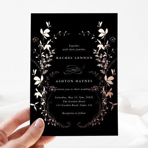 Wildflowers Silhouette Black Wedding Rose Gold Foil Invitation