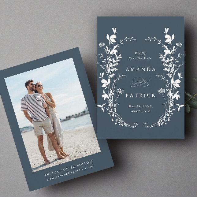 Wildflowers Silhouette Wedding Photo Navy Blue     Save The Date (Front & Back)