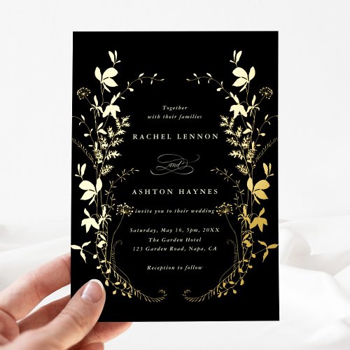 Wildflowers Silhouette Wreath Black Wedding Gold Foil Invitation