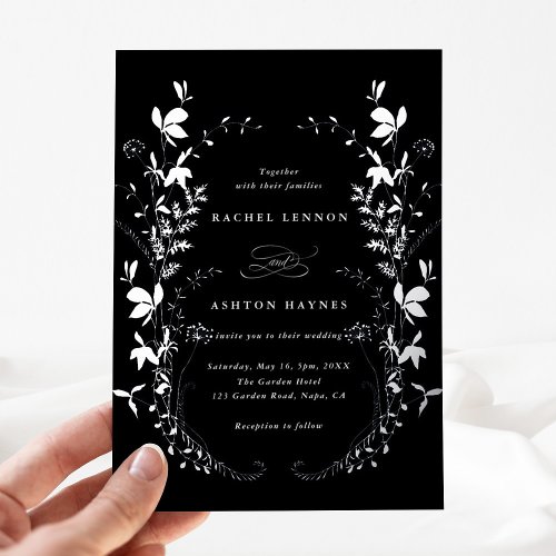 Wildflowers Silhouette Wreath Black Wedding Silver Foil Invitation
