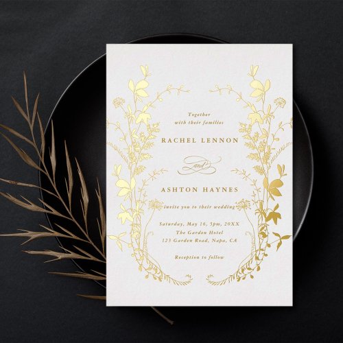 Wildflowers Silhouette Wreath Wedding Gold Foil Invitation