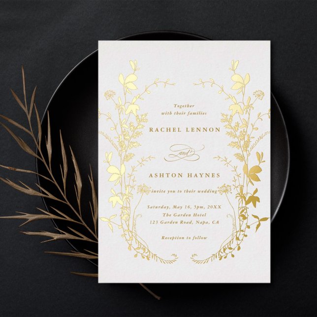 Wildflowers Silhouette Wreath Wedding Gold Foil Invitation (Creator Uploaded)