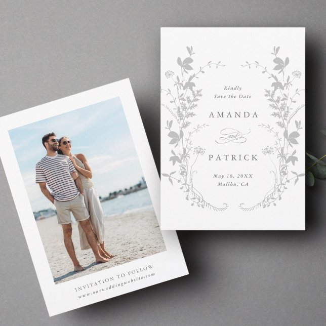 Wildflowers Silhouette Wreath Wedding Photo Gray Save The Date (Front & Back)
