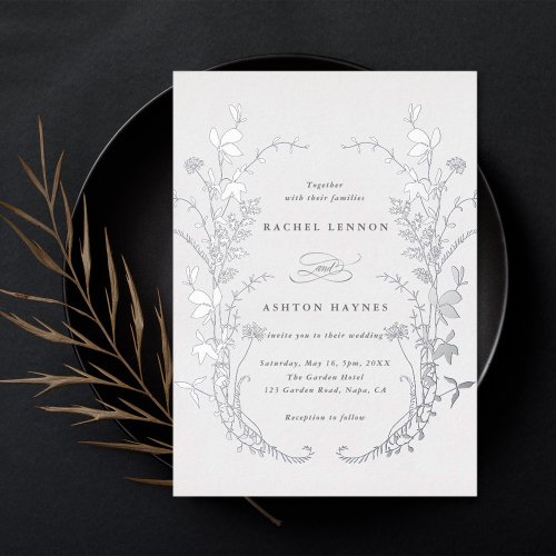 Wildflowers Silhouette Wreath Wedding Silver Foil Invitation