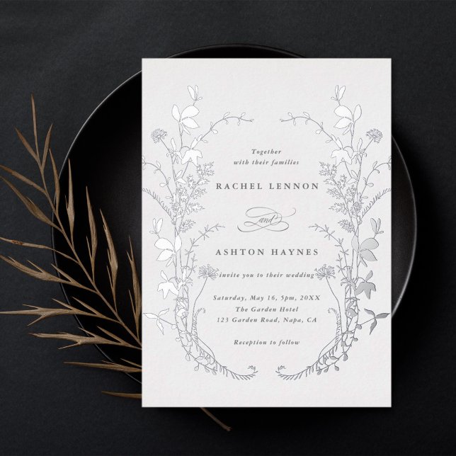 Wildflowers Silhouette Wreath Wedding Silver Foil Invitation (Creator Uploaded)