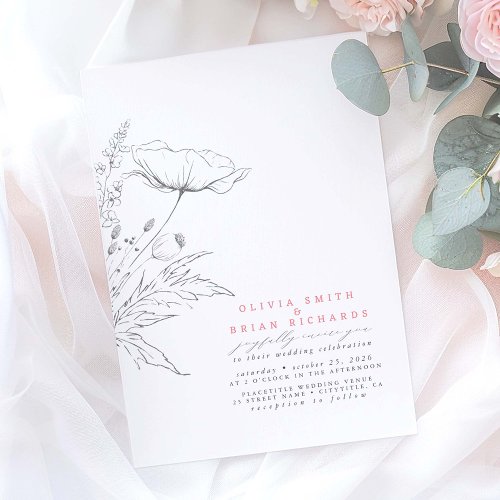 Wildflowers Sketch Elegant Pink Grey Wedding Invitation