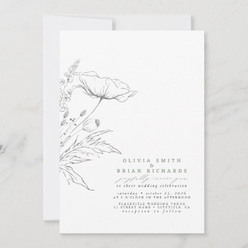 Wildflowers Sketch Elegant Sage Grey Wedding Invitation