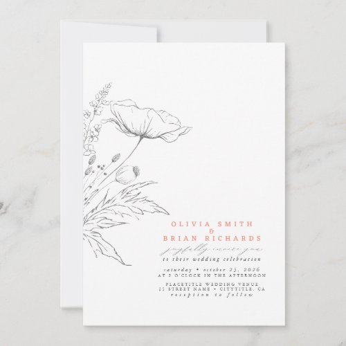 Wildflowers Sketch Elegant Soft Peach Wedding Invitation