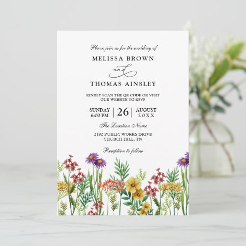 Wildflowers Spring Elegant Budget QR Code Wedding Invitation