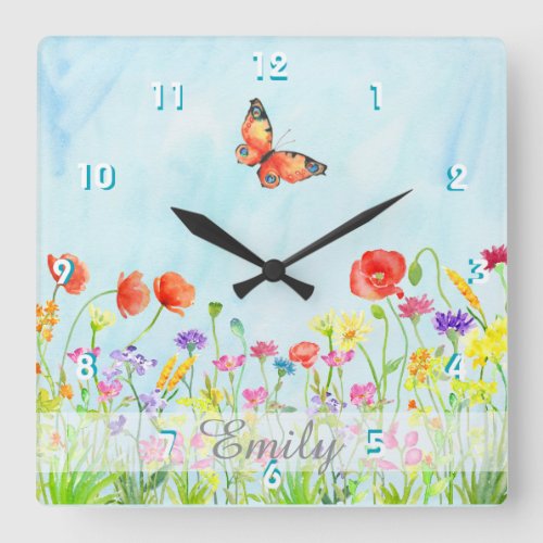 wildflowers spring flowers watercolor customizable square wall clock