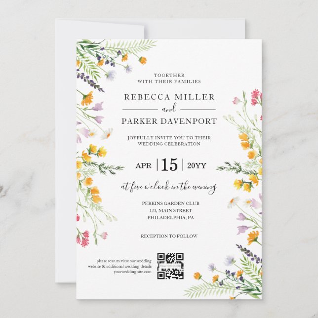Wildflowers spring modern Wedding QR Code Invitation (Front)