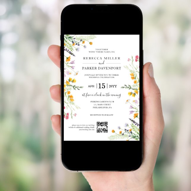 Wildflowers spring modern Wedding QR Code Invitation (Front Digital)