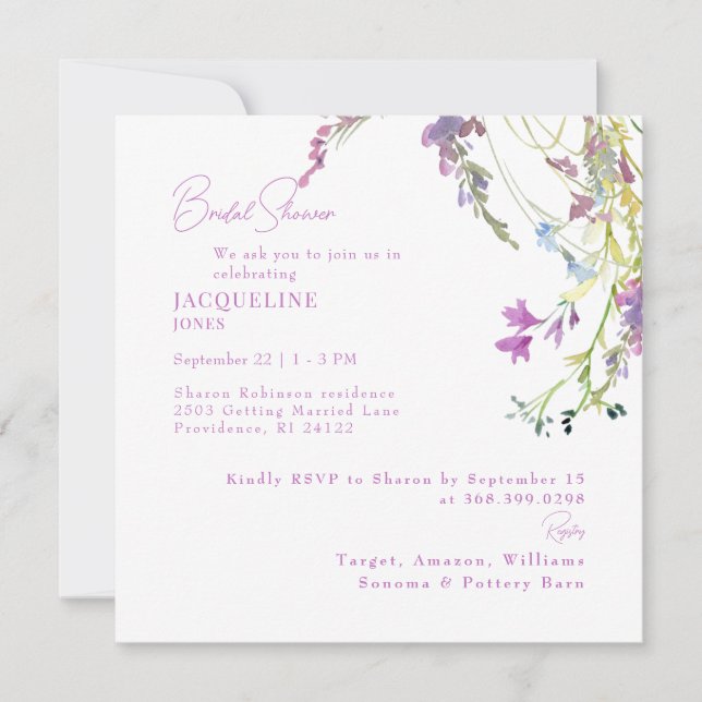  Wildflowers Square Lavender Bridal Shower Invitation (Front)